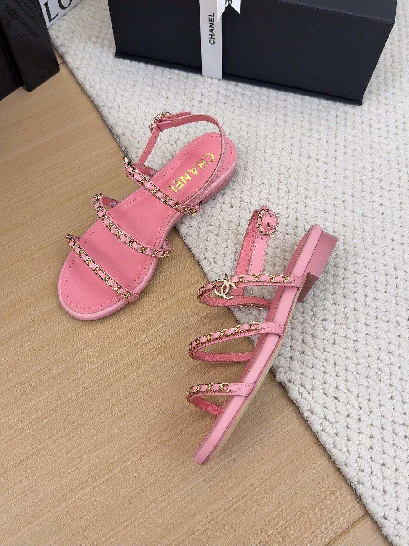 THREE-STRAPS SANDALS IN FLAMINGO PINK CALFSKIN WITH GOLD HARDWARE - 34