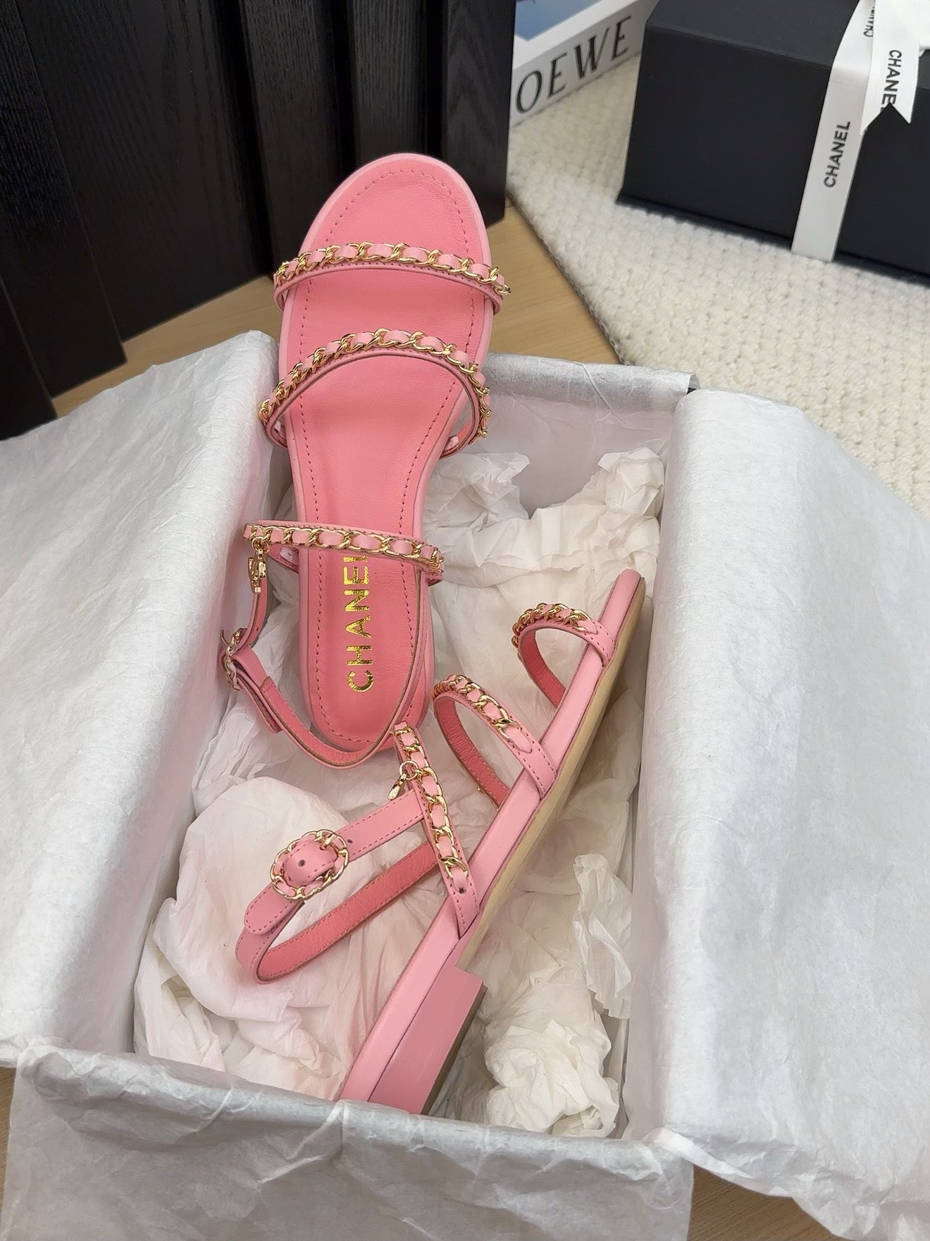 THREE-STRAPS SANDALS IN FLAMINGO PINK CALFSKIN WITH GOLD HARDWARE - 34