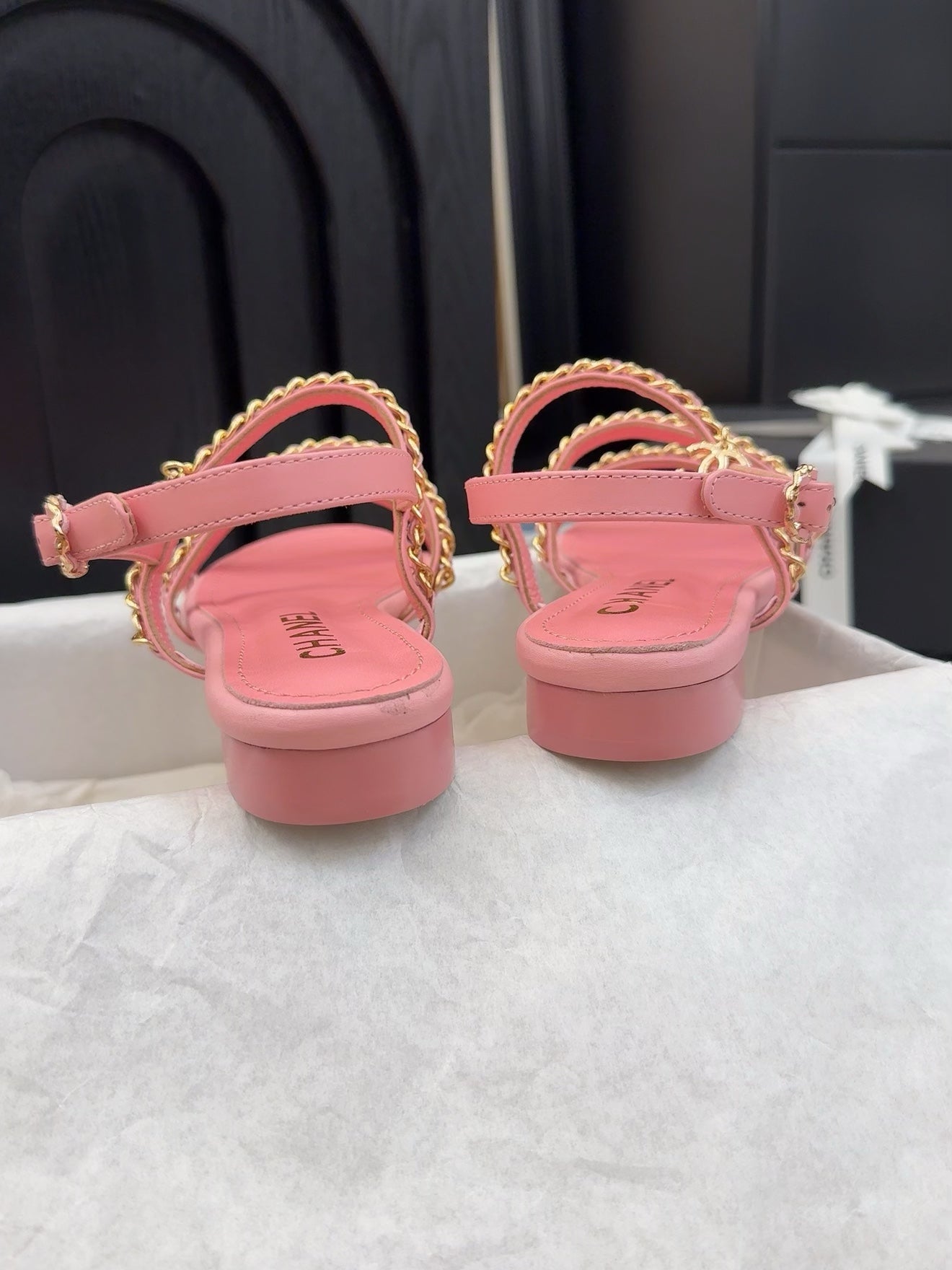 THREE-STRAPS SANDALS IN FLAMINGO PINK CALFSKIN WITH GOLD HARDWARE - 34