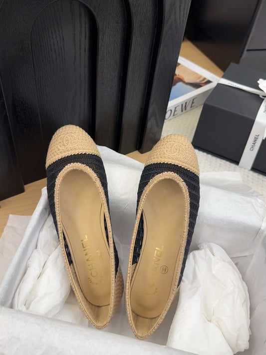 BALLERINAS IN BLACK MIX PEANUT BROWN RAFFIA - 34