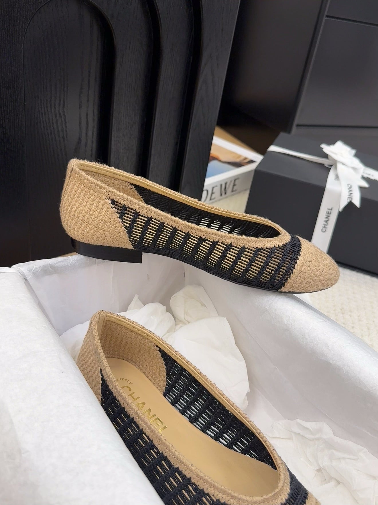 CC 25 Ballet Flat Beige Black Raffia - 34