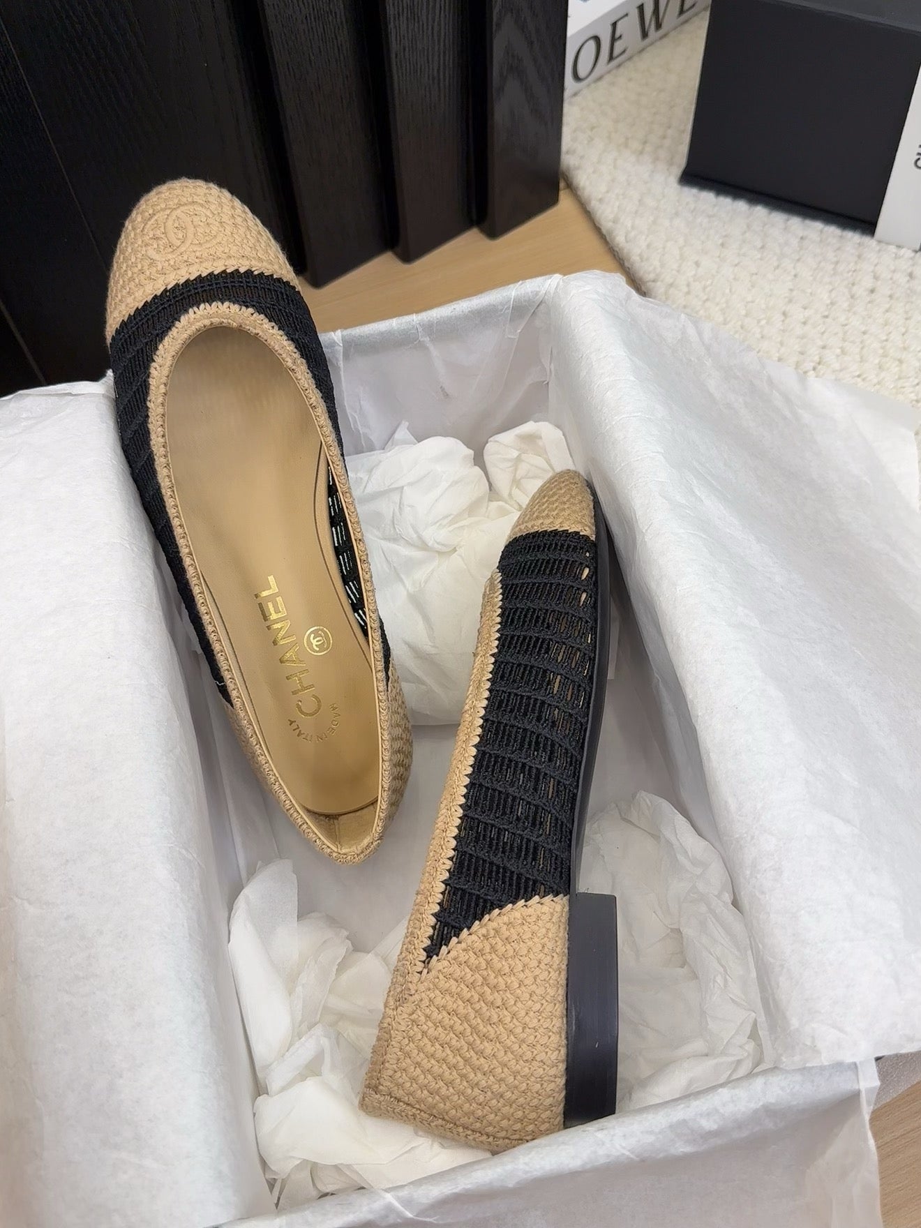 BALLERINAS IN BLACK MIX PEANUT BROWN RAFFIA - 34