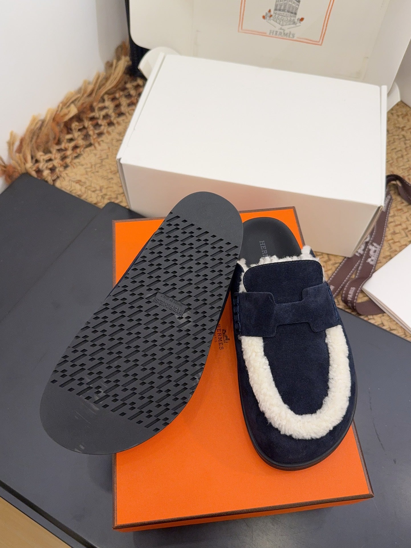 HM 25S MULE IN DARK SLATE BLUE SUEDE MIX WHITE SHEARLING - 35