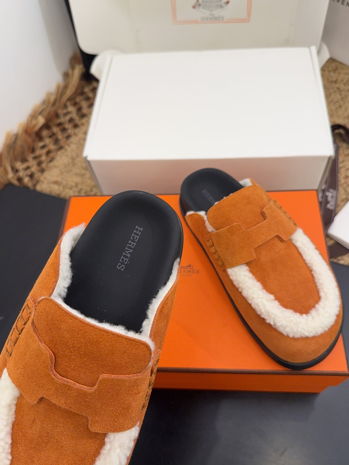 HM 25S MULE IN ORANGE SUEDE MIX WHITE SHEARLING - 35