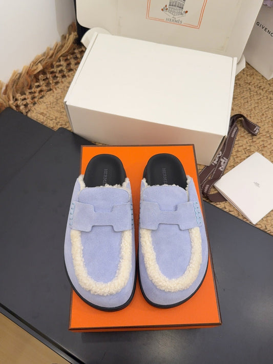 HM 25S MULE IN SOFT LAVENDER BLUE SUEDE MIX WHITE SHEARLING - 35