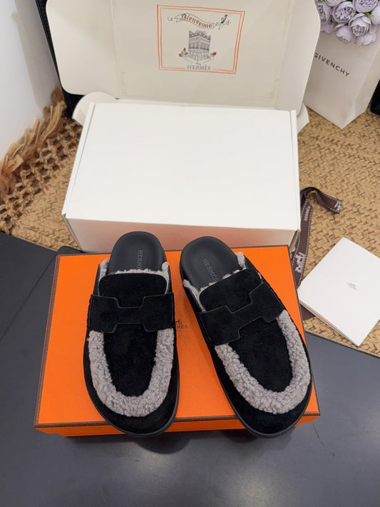 HM 25S MULE IN BLACK SUEDE MIX GREY SHEARLING - 35