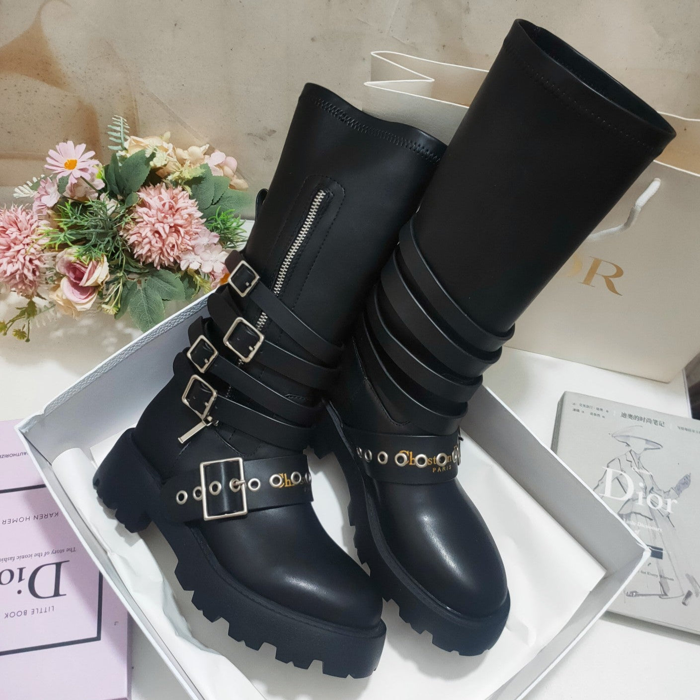 CD ZIPPER BUCKLE BOOTS IN BLACK CALFSKIN - 35