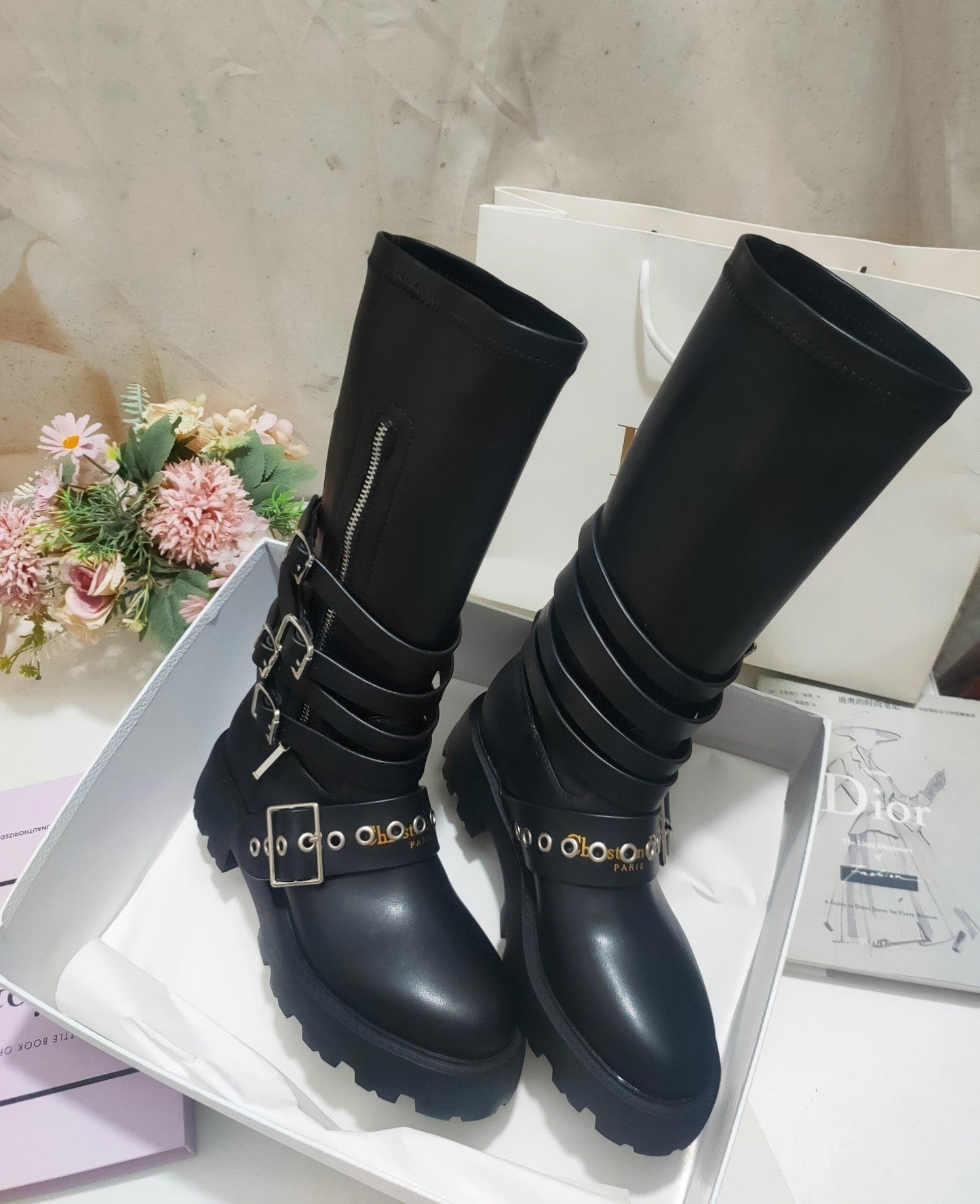 CD ZIPPER BUCKLE BOOTS IN BLACK CALFSKIN - 35