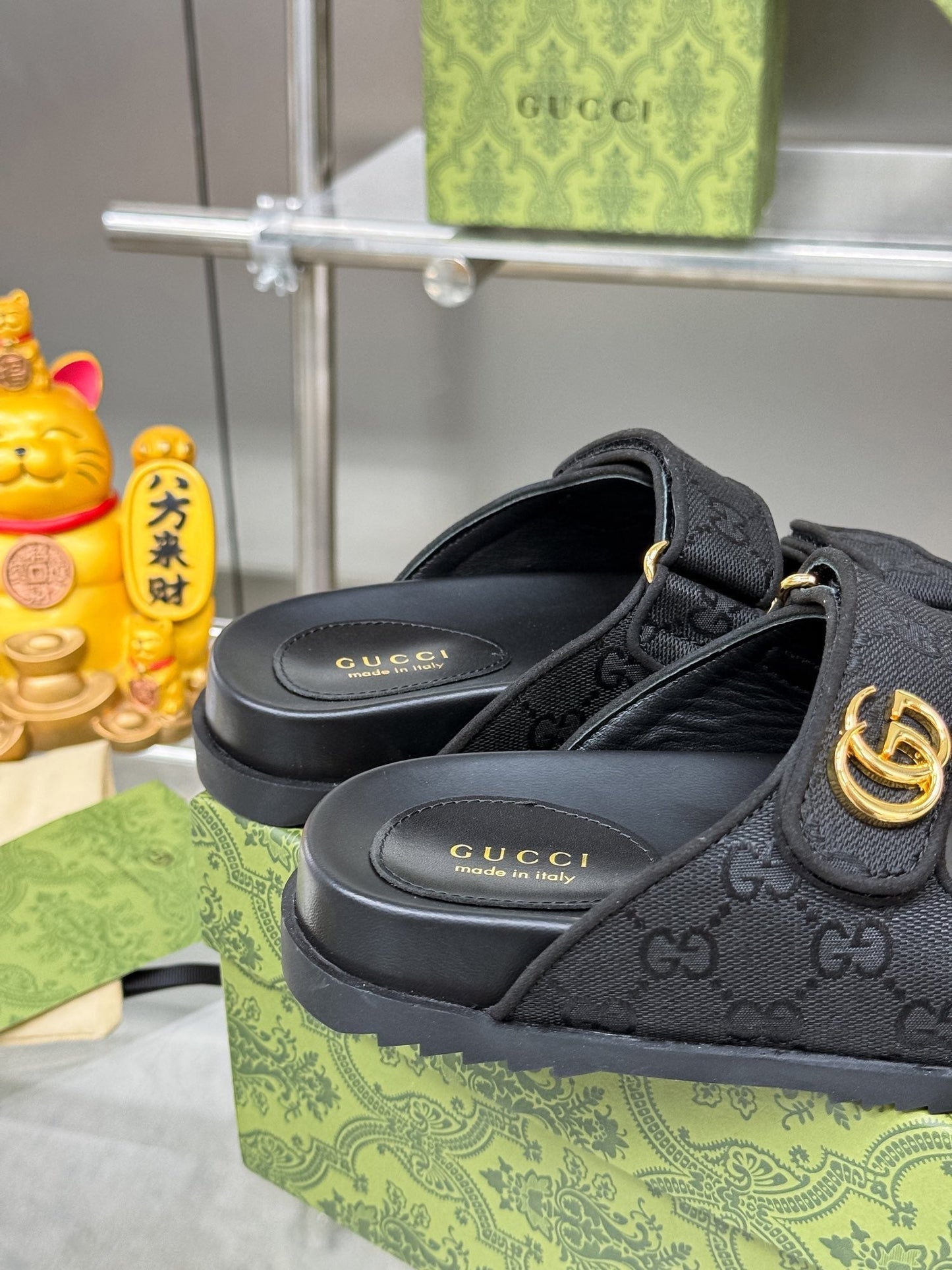 GG SANDALS IN BLACK FABRIC AND CALFSKIN WITH GOLD HARDWARE - 36