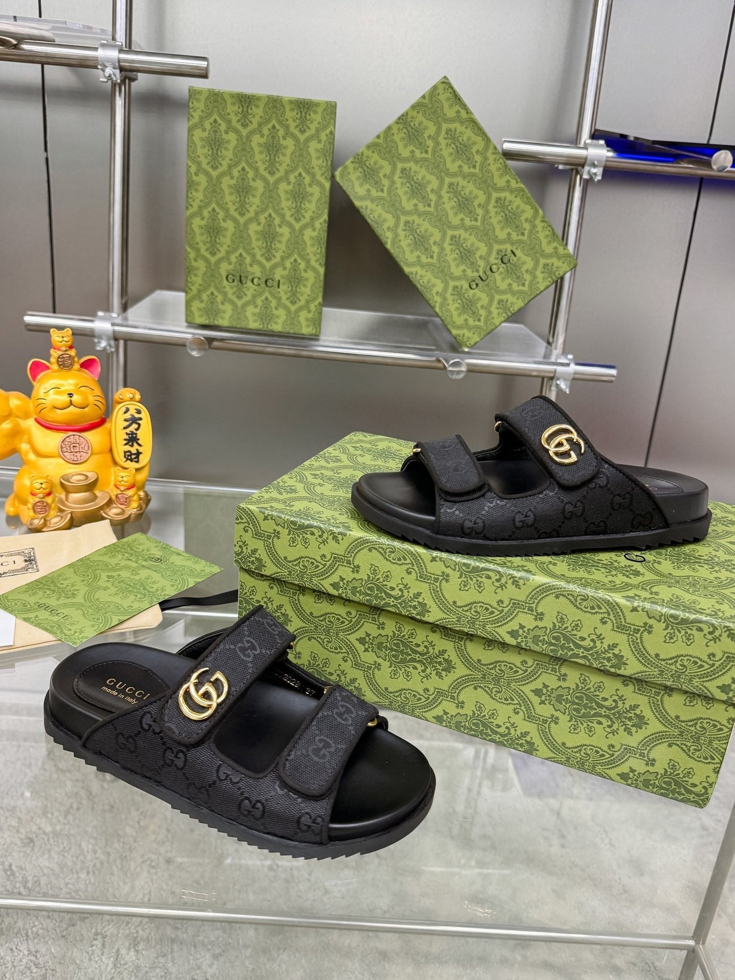 GG SANDALS IN BLACK FABRIC AND CALFSKIN WITH GOLD HARDWARE - 36