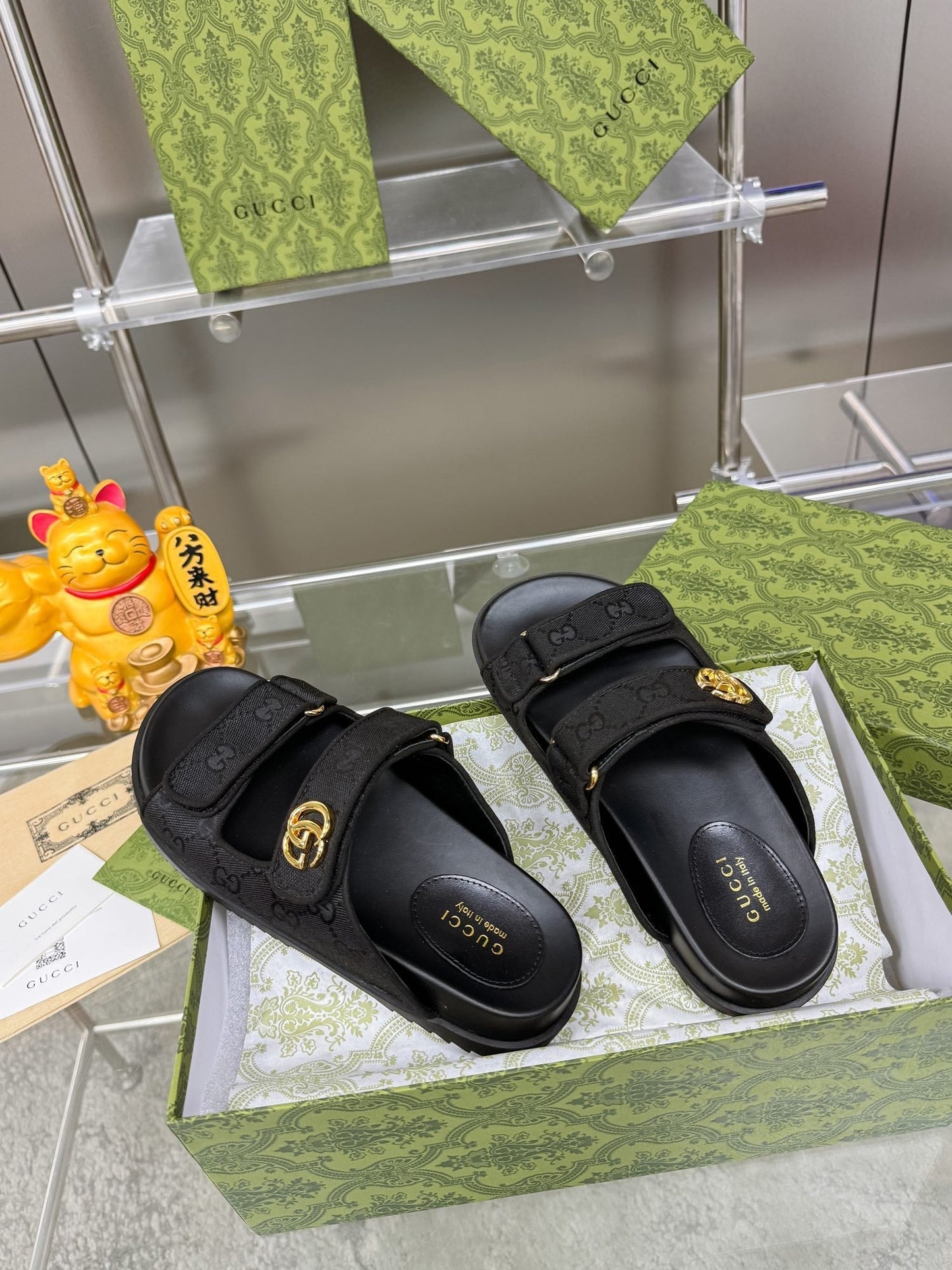 GG SANDALS IN BLACK FABRIC AND CALFSKIN WITH GOLD HARDWARE - 36