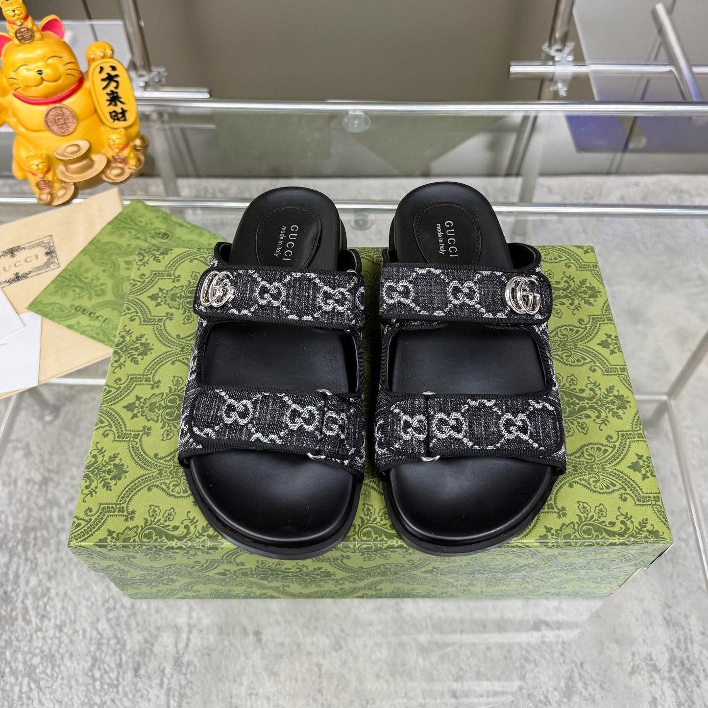 GG SANDALS IN BLACK FABRIC AND CALFSKIN WITH SILVER HARDWARE - 36
