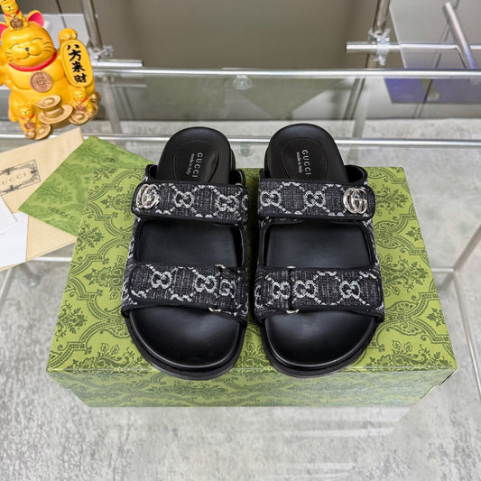GG SANDALS IN BLACK FABRIC AND CALFSKIN WITH SILVER HARDWARE - 36