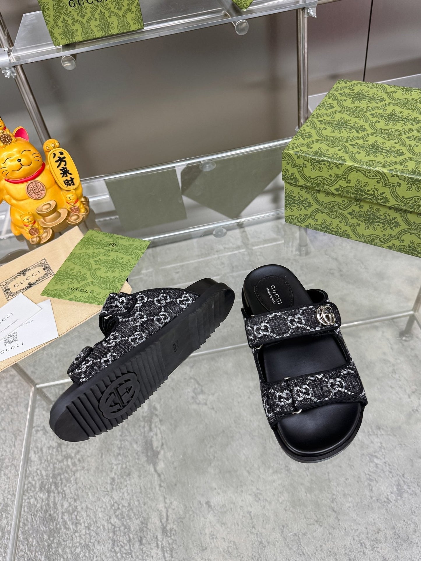 GG SANDALS IN BLACK FABRIC AND CALFSKIN WITH SILVER HARDWARE - 36