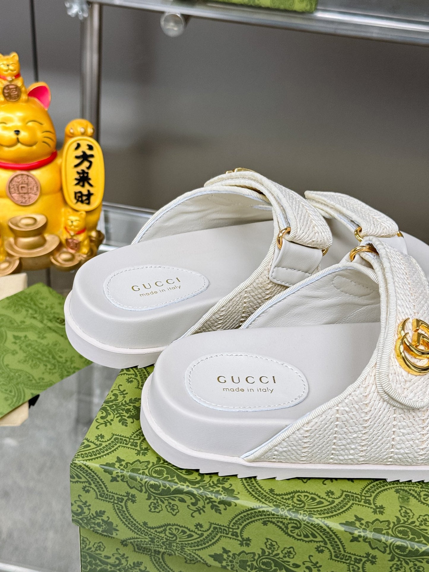 GG SANDALS IN WHITE FABRIC AND CALFSKIN WITH GOLD HARDWARE - 36