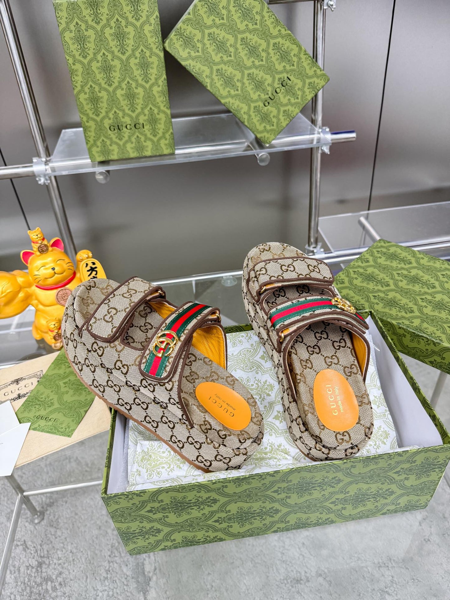 GG SANDALS 22 IN BEIGE FABRIC WITH GOLD HARDWARE - 35