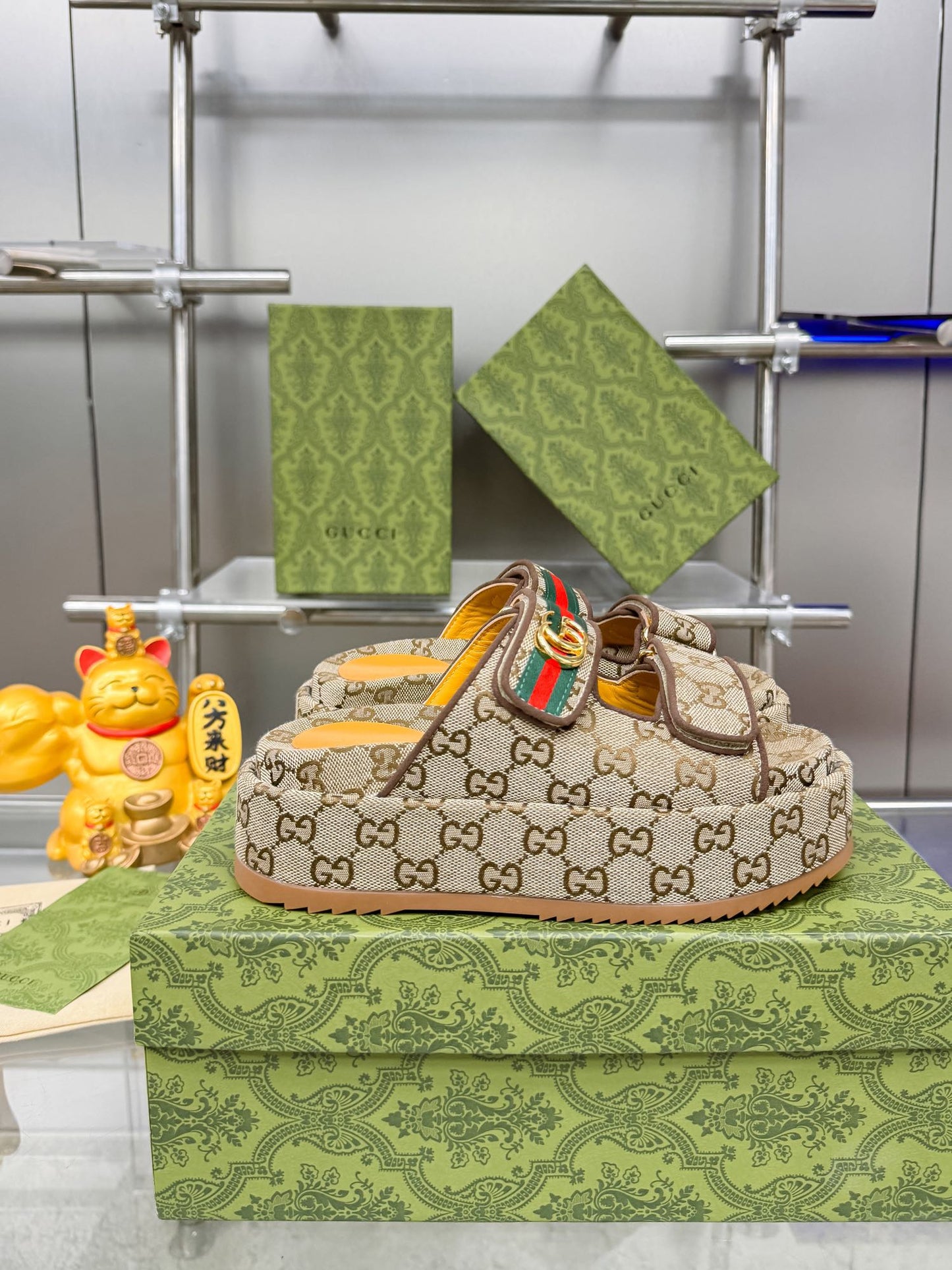 GG SANDALS 22 IN BEIGE FABRIC WITH GOLD HARDWARE - 35