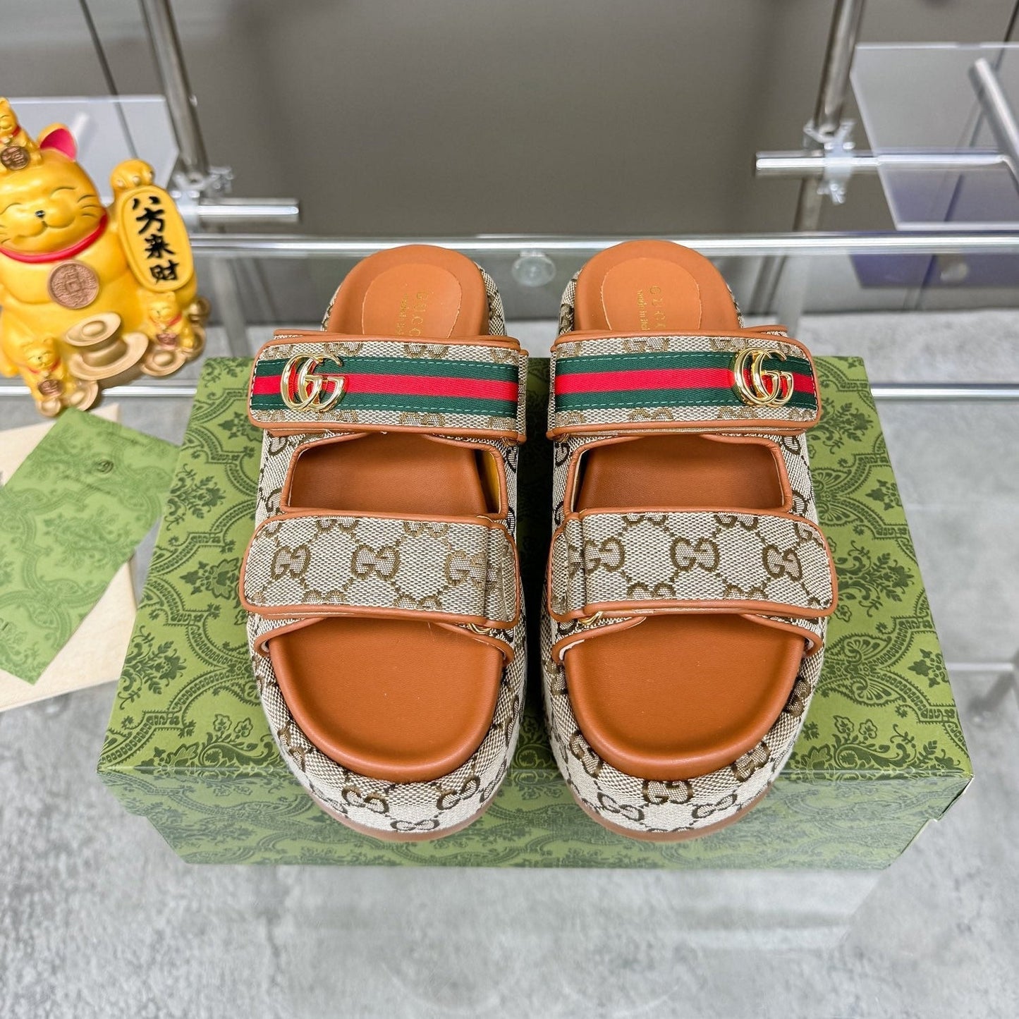 GG SANDALS 22 IN ORANGE CALFSKIN AND BEIGE FABRIC WITH GOLD HARDWARE - 35