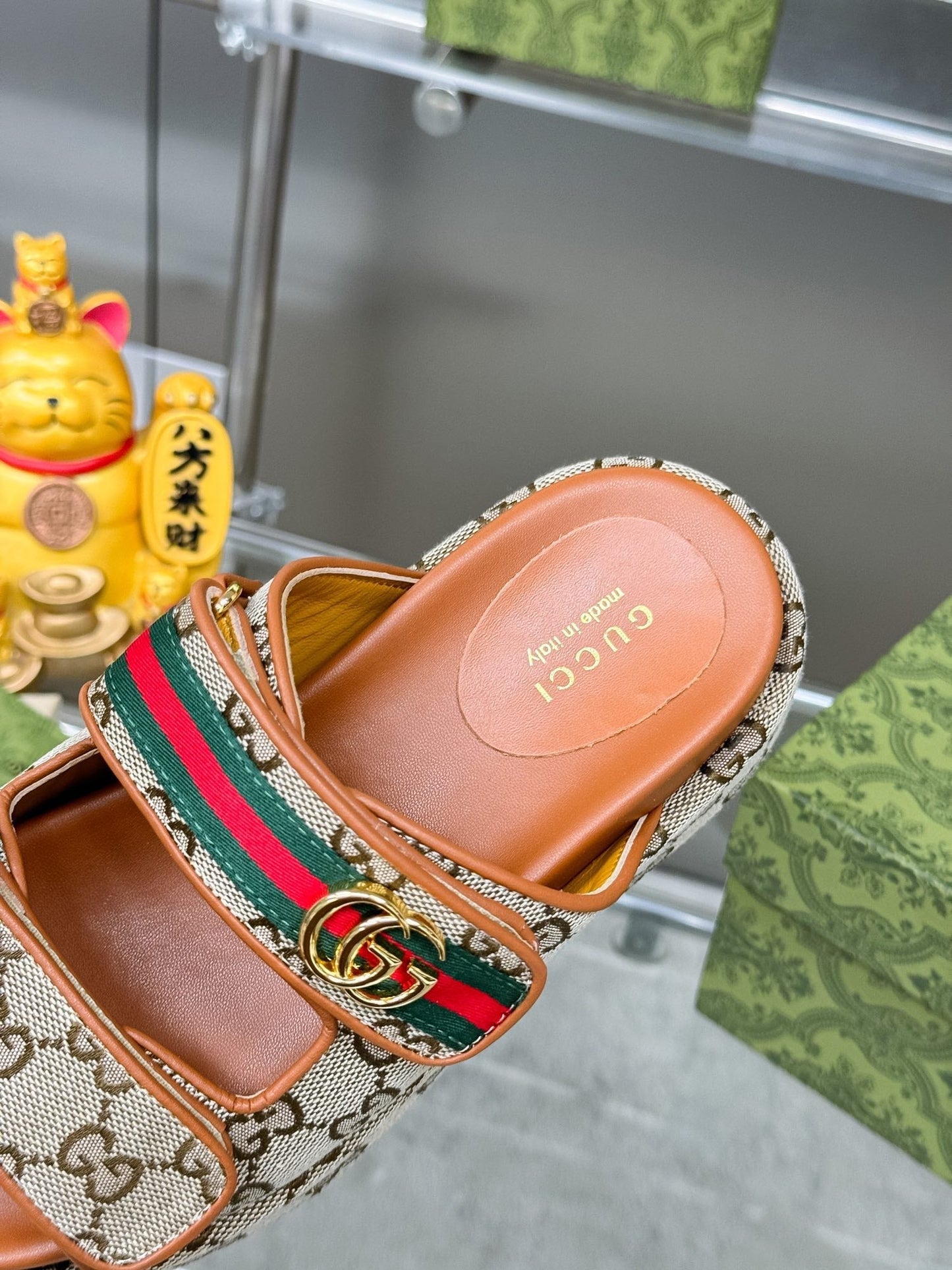 GG SANDALS 22 IN ORANGE CALFSKIN AND BEIGE FABRIC WITH GOLD HARDWARE - 35