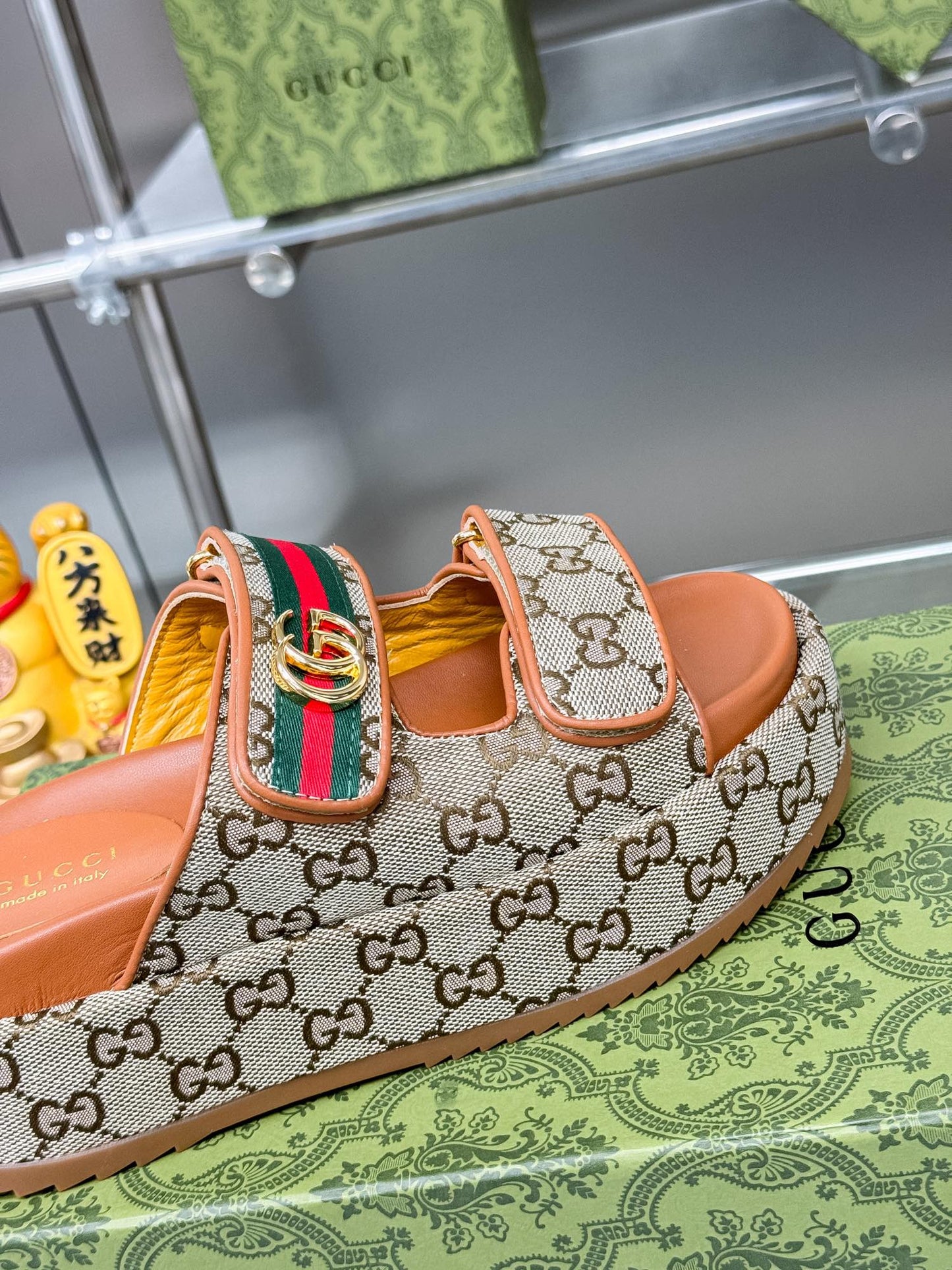GG SANDALS 22 IN ORANGE CALFSKIN AND BEIGE FABRIC WITH GOLD HARDWARE - 35
