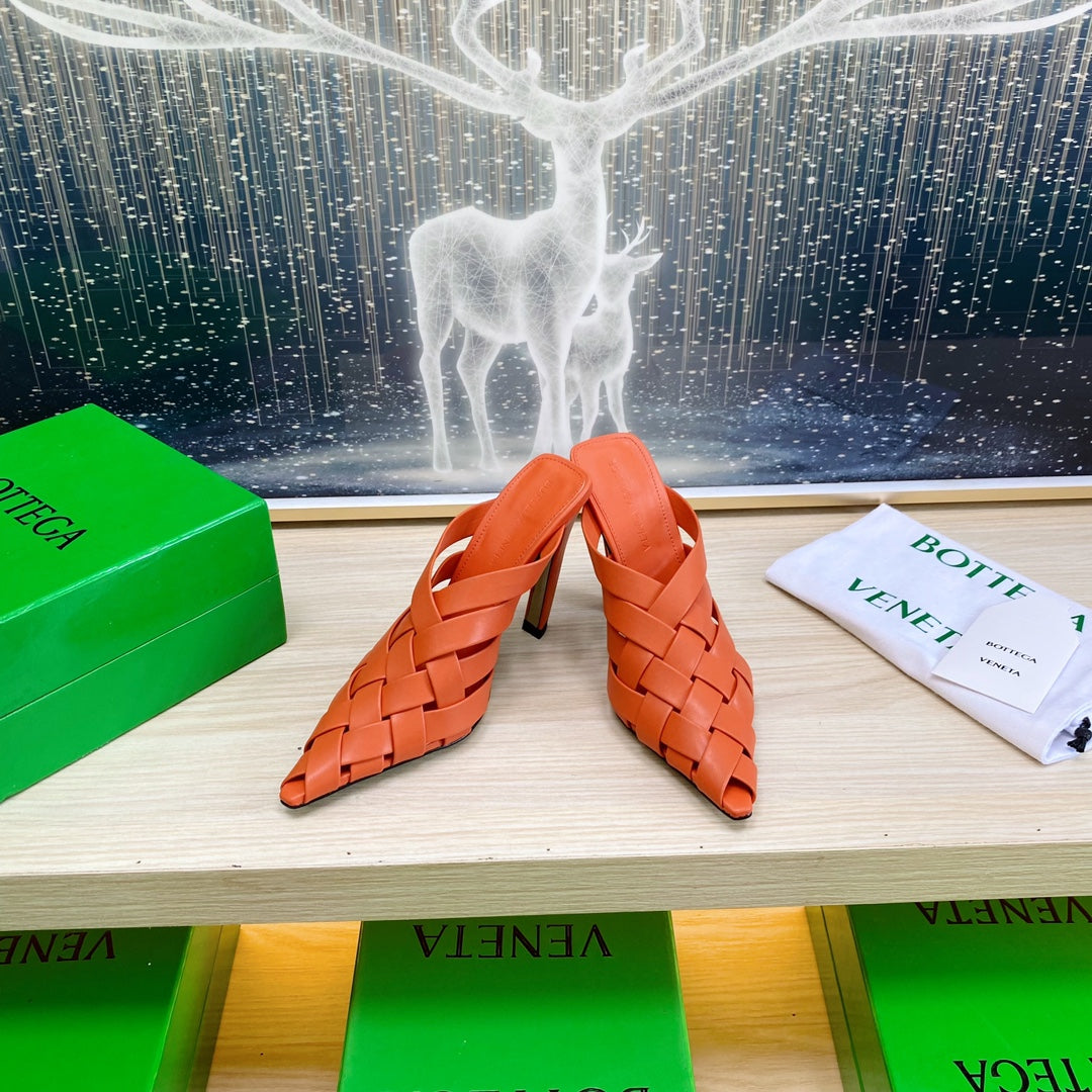 ALFIE LEATHER HIGH MULES IN VIVID ORANGE CALFSKIN WITH WOVEN DESIGN - 34