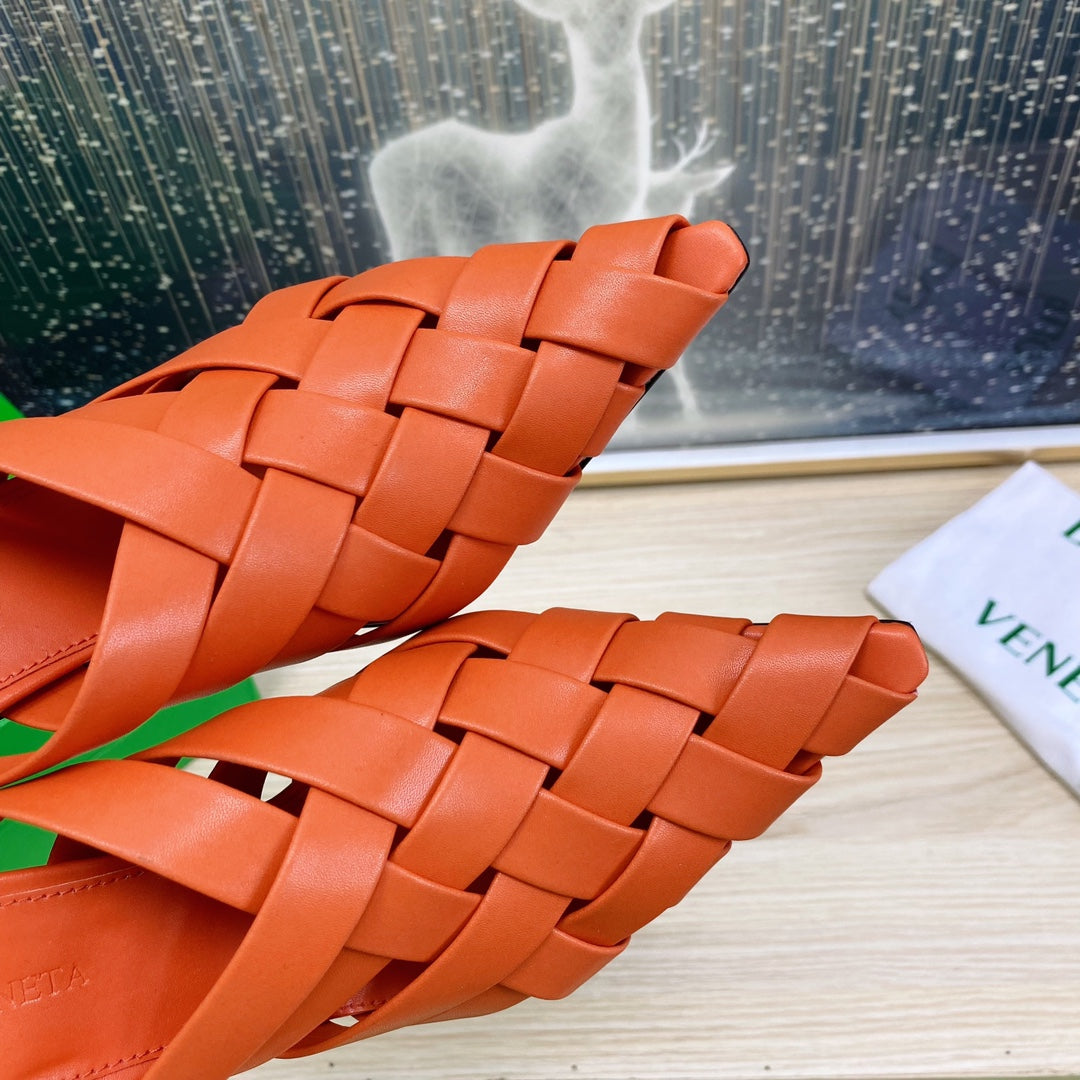 ALFIE LEATHER HIGH MULES IN VIVID ORANGE CALFSKIN WITH WOVEN DESIGN - 34