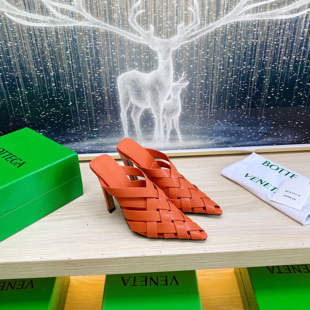 ALFIE LEATHER HIGH MULES IN VIVID ORANGE CALFSKIN WITH WOVEN DESIGN - 34