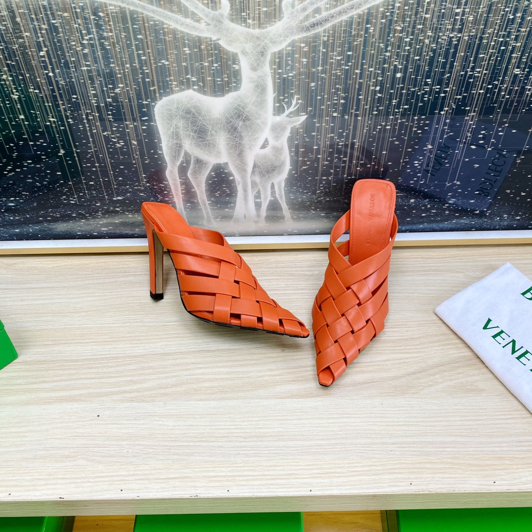 ALFIE LEATHER HIGH MULES IN VIVID ORANGE CALFSKIN WITH WOVEN DESIGN - 34