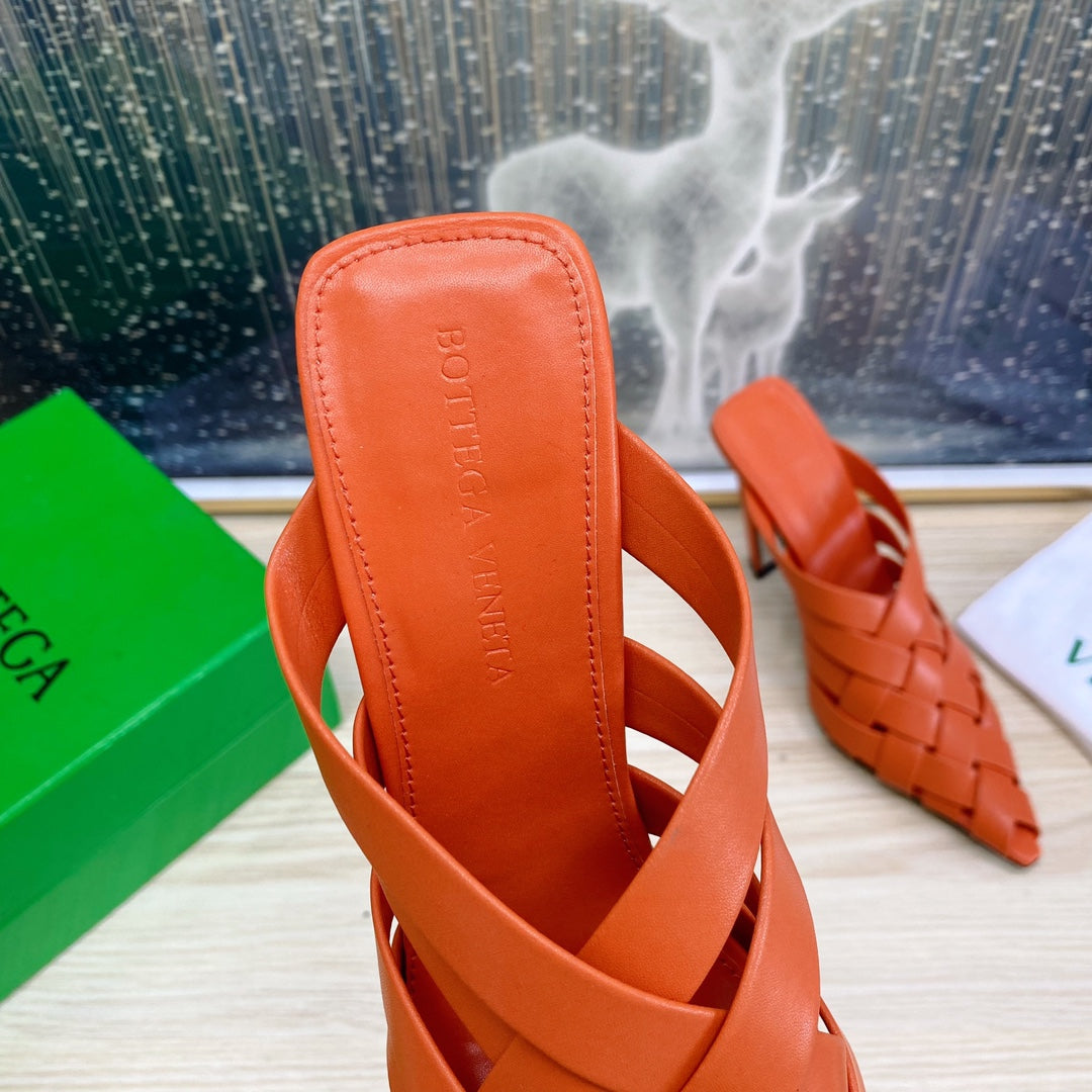 ALFIE LEATHER HIGH MULES IN VIVID ORANGE CALFSKIN WITH WOVEN DESIGN - 34