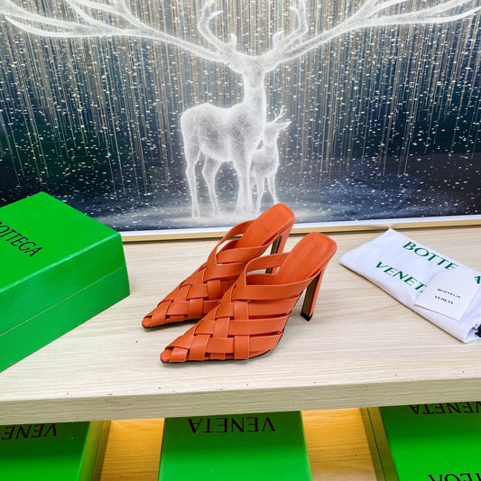 ALFIE LEATHER HIGH MULES IN VIVID ORANGE CALFSKIN WITH WOVEN DESIGN - 34