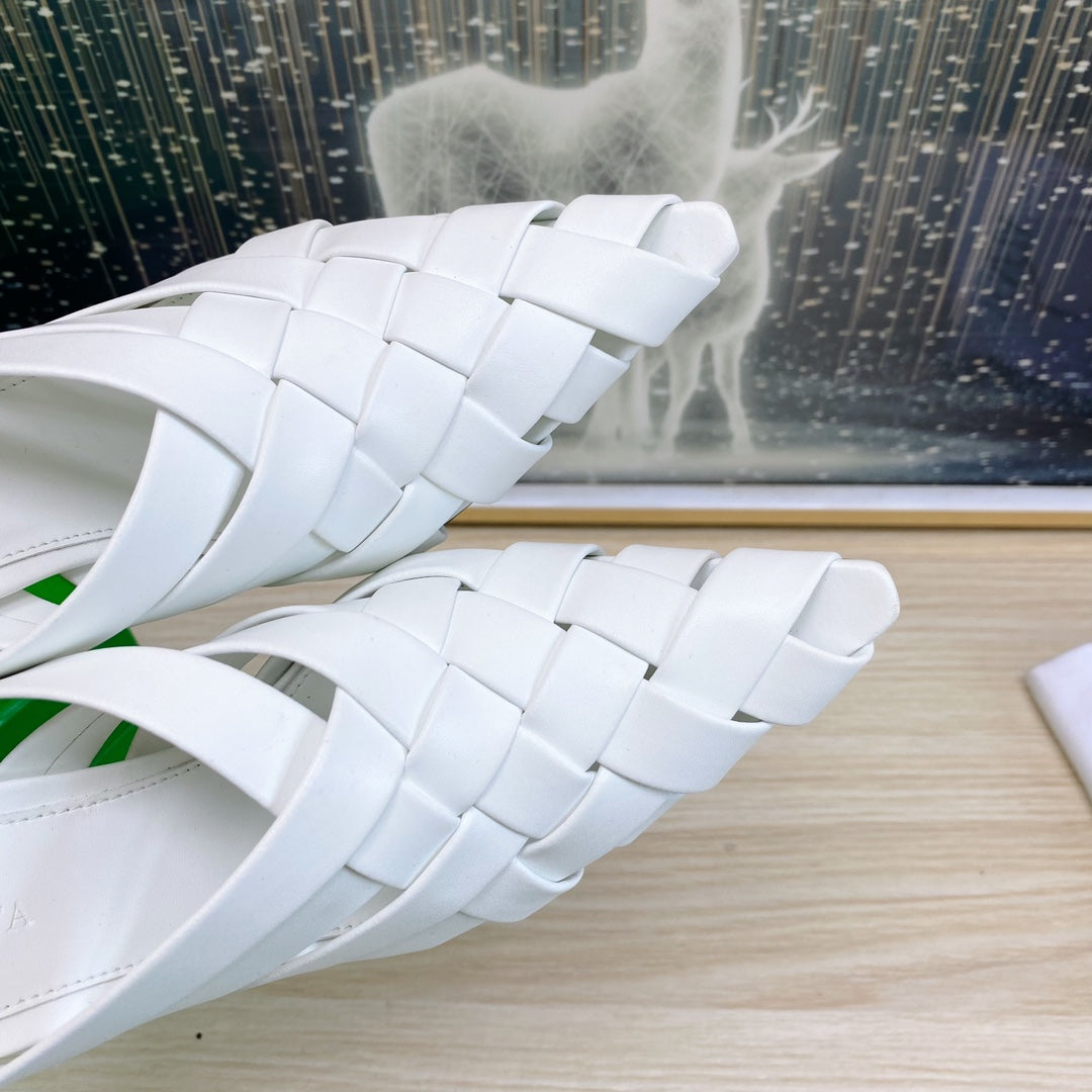 ALFIE LEATHER HIGH MULES IN WHITE CALFSKIN WITH WOVEN DESIGN - 34