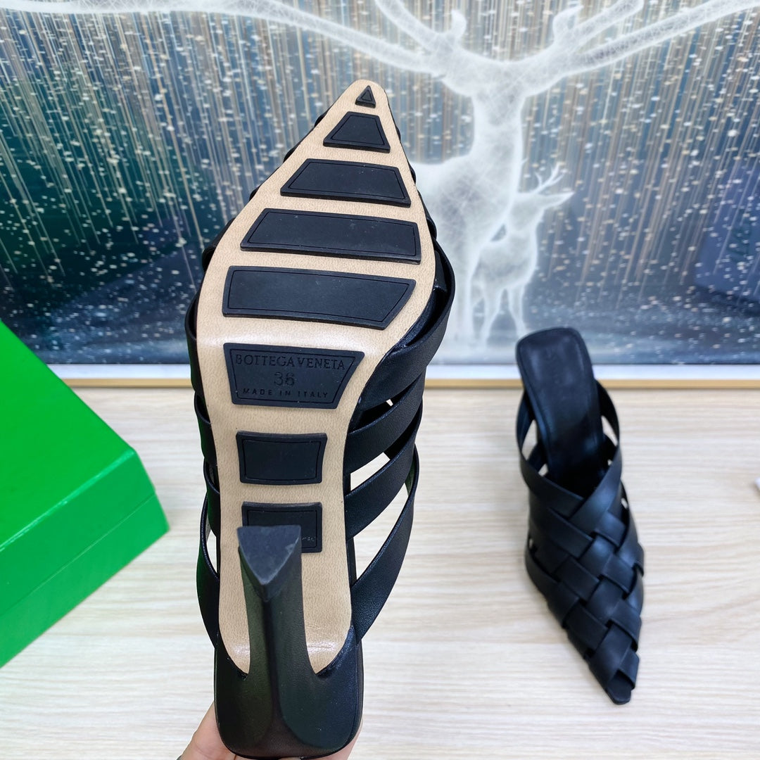 ALFIE LEATHER HIGH MULES IN BLACK CALFSKIN WITH WOVEN DESIGN - 34