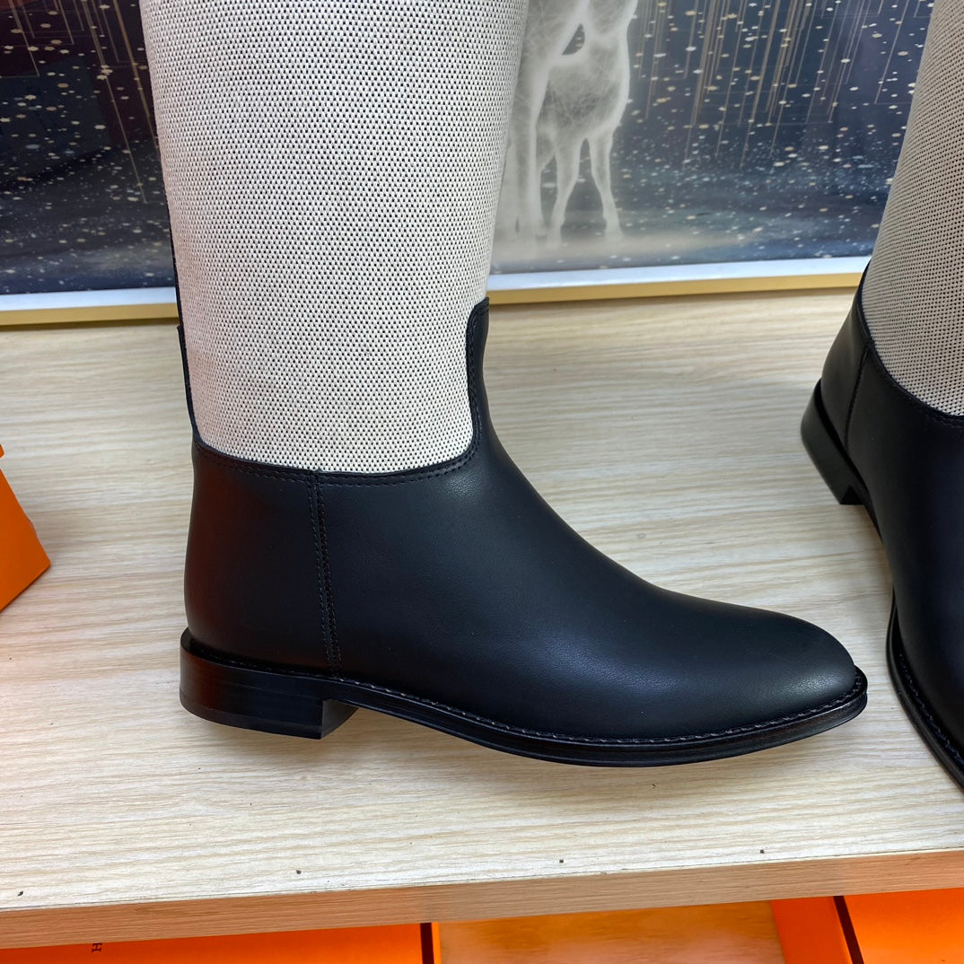 KNEE HIGH BOOTS IN BLACK CALFSKIN AND WHITE FABRIC - 35