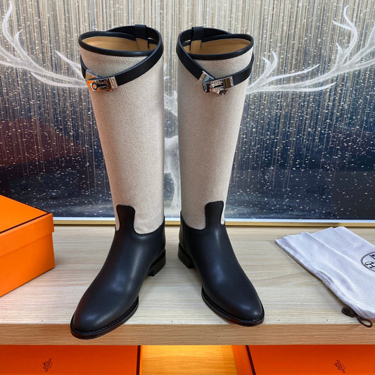 KNEE HIGH BOOTS IN BLACK CALFSKIN AND WHITE FABRIC - 35