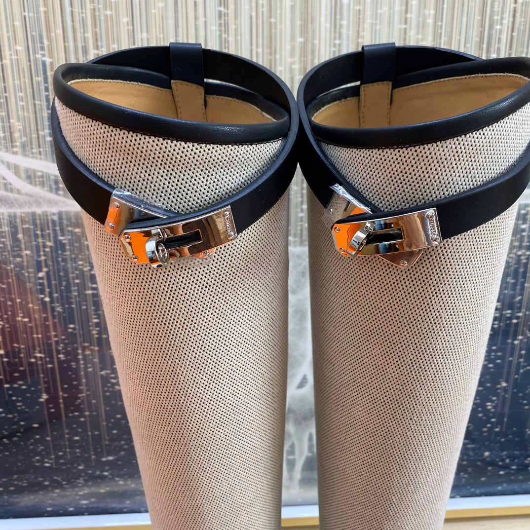 KNEE HIGH BOOTS IN BLACK CALFSKIN AND WHITE FABRIC - 35