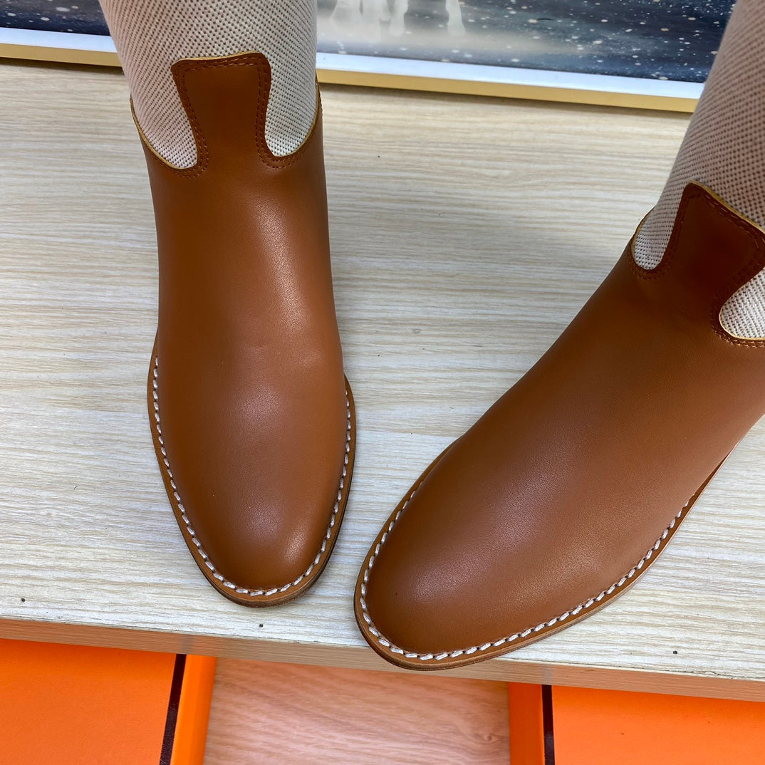 KNEE HIGH BOOTS IN BRONZE BROWN CALFSKIN AND WHITE FABRIC - 35