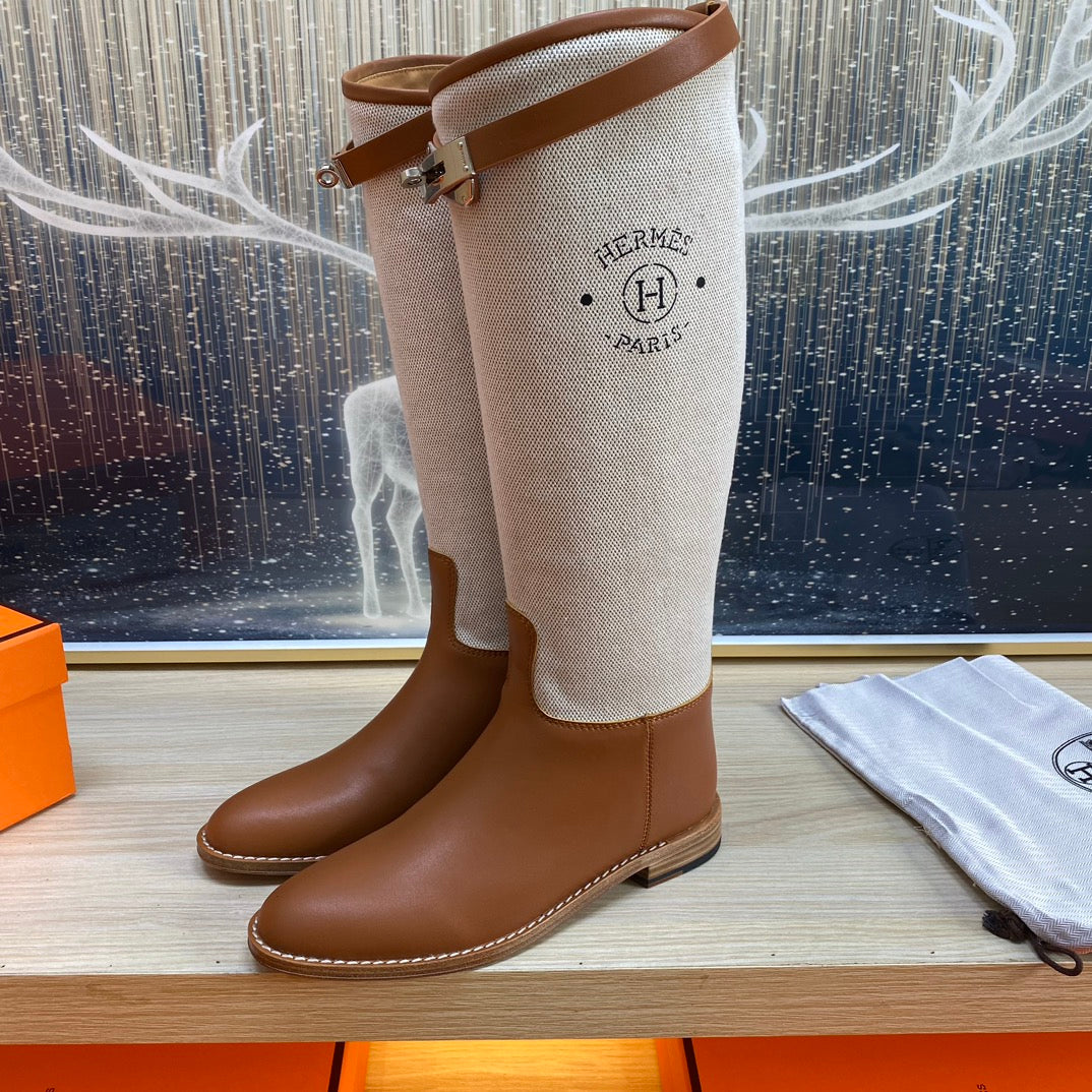 KNEE HIGH BOOTS IN BRONZE BROWN CALFSKIN AND WHITE FABRIC - 35
