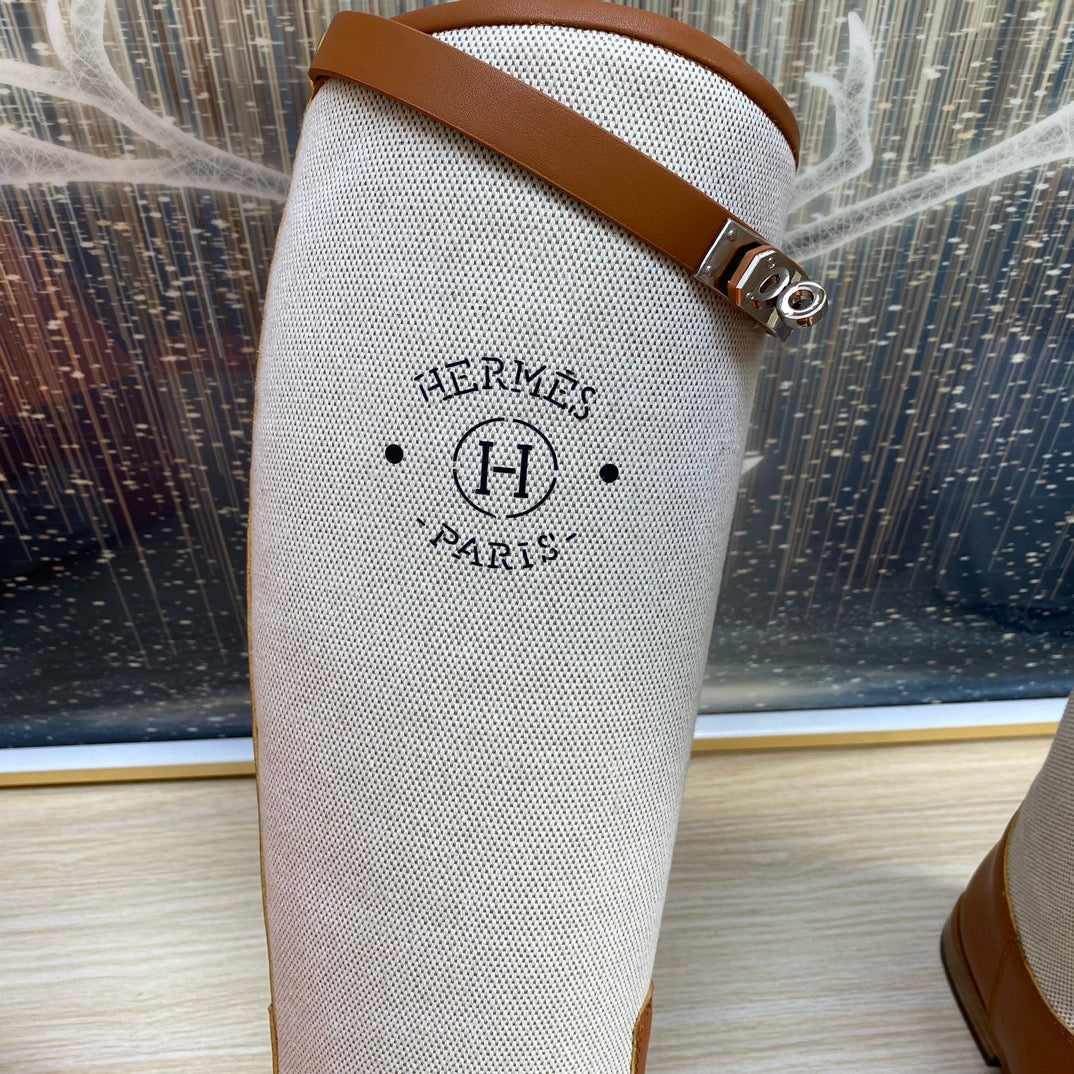 KNEE HIGH BOOTS IN BRONZE BROWN CALFSKIN AND WHITE FABRIC - 35