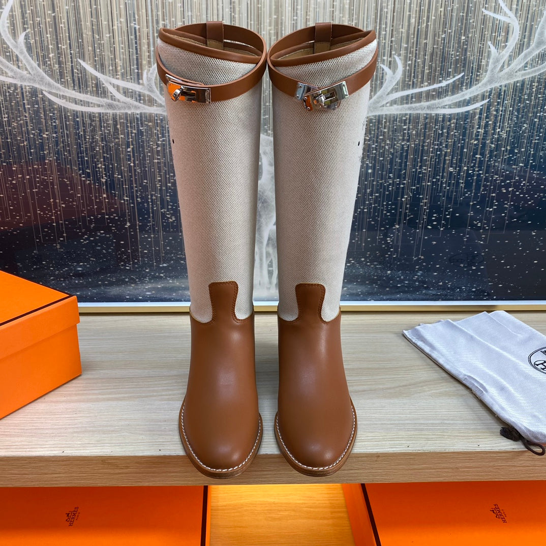 KNEE HIGH BOOTS IN BRONZE BROWN CALFSKIN AND WHITE FABRIC - 35