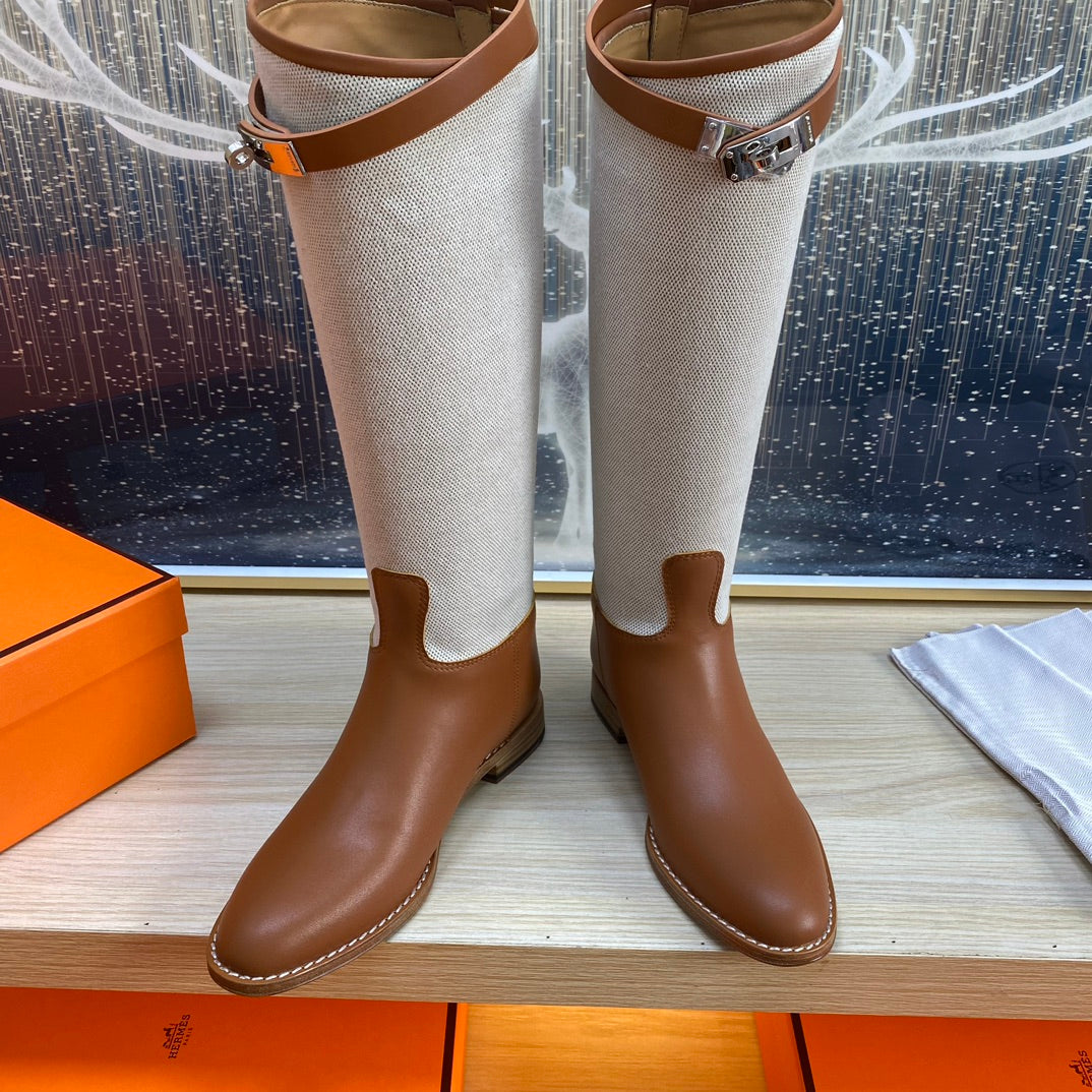 KNEE HIGH BOOTS IN BRONZE BROWN CALFSKIN AND WHITE FABRIC - 35