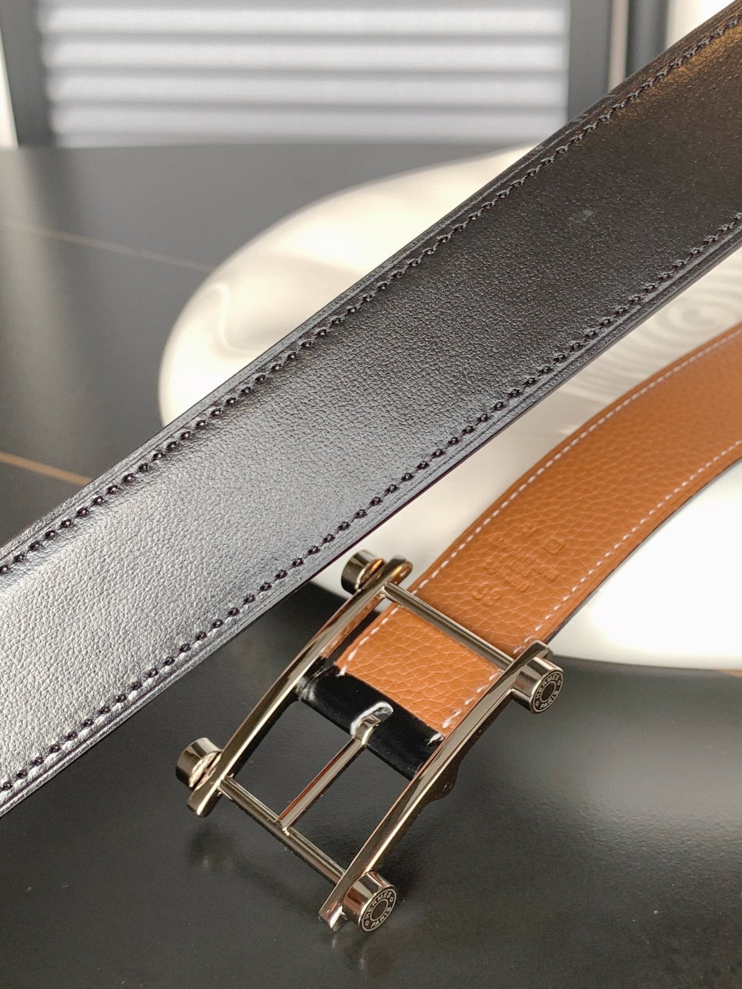 HM REVERSIBLE BLACK AND BRONZE BROWN LEATHER STRAP 32 MM SILVER HARDWARE - 30