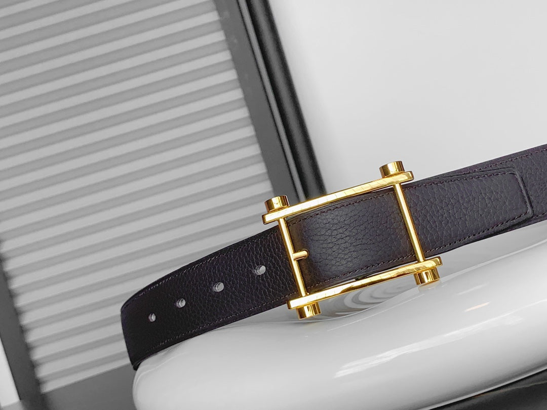 HM REVERSIBLE BLACK AND CHESTNUT BROWN LEATHER STRAP 32 MM GOLD HARDWARE - 30