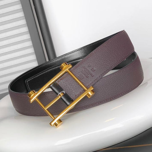 HM REVERSIBLE BLACK AND CHESTNUT BROWN LEATHER STRAP 32 MM GOLD HARDWARE - 30