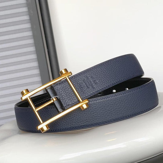 HM REVERSIBLE NAVY BLUE LEATHER STRAP 32 MM GOLD HARDWARE - 30