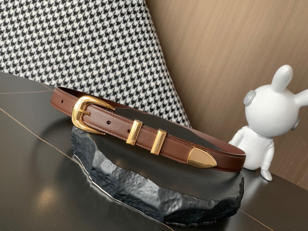BELT 25MM MEDIUM WESTERN IN DARK BROWN CALFSKIN GOLD BUCKLE - 30