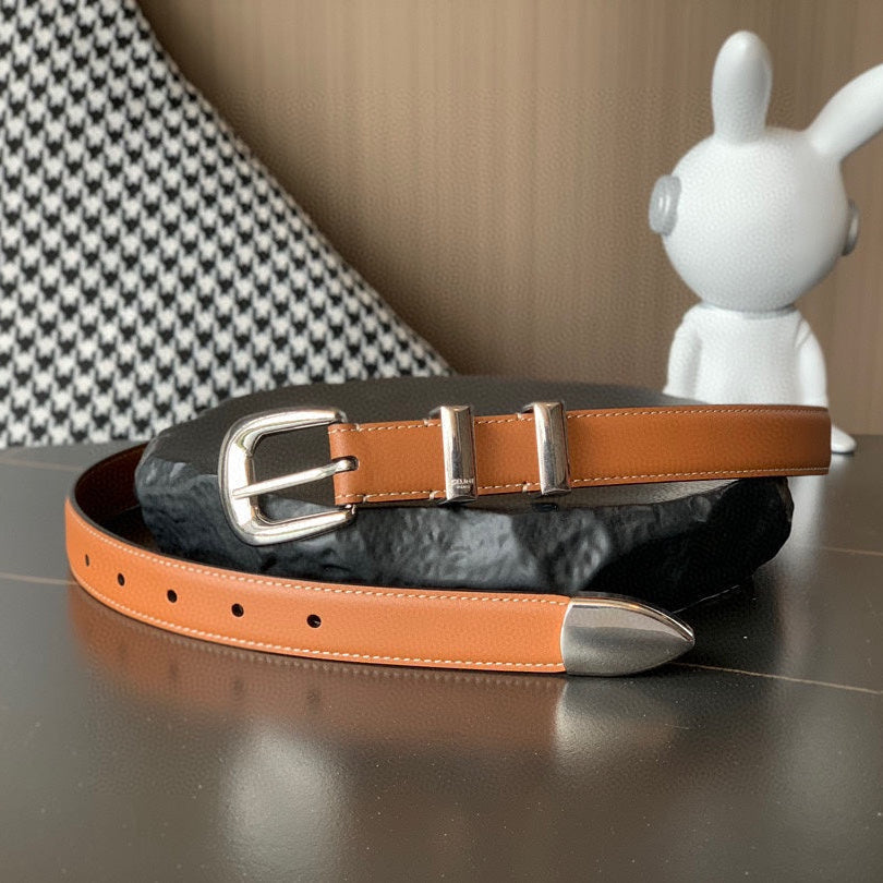 BELT 25MM MEDIUM WESTERN IN BROWN CALFSKIN SILVER BUCKLE - 30