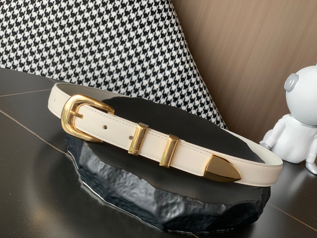 BELT 25MM MEDIUM WESTERN IN IVORY CALFSKIN GOLD BUCKLE - 30
