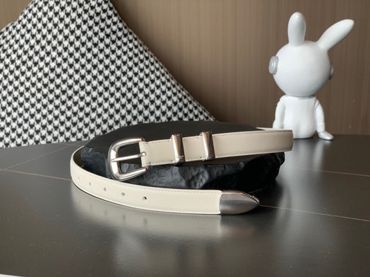 BELT 25MM MEDIUM WESTERN IN IVORY CALFSKIN SILVER GREY BUCKLE - 30