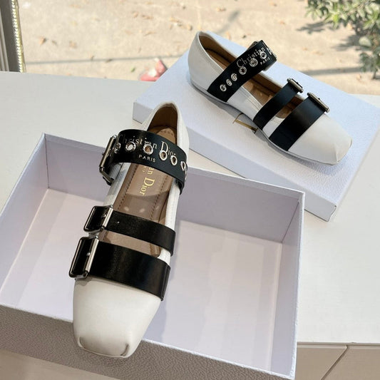 PUNK BALLET FLAT IN WHITE MIX BLACK SUPPLE CALFSKIN - 35