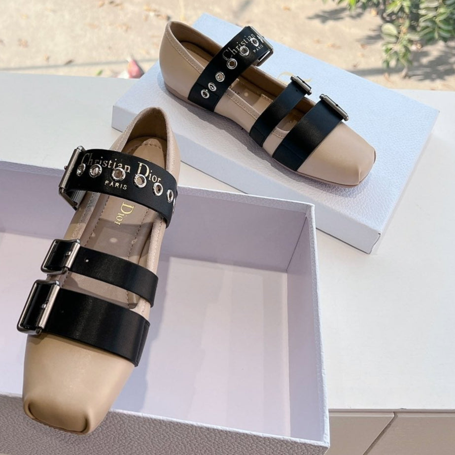 PUNK BALLET FLAT IN CAMEL BEIGE MIX BLACK SUPPLE CALFSKIN - 35